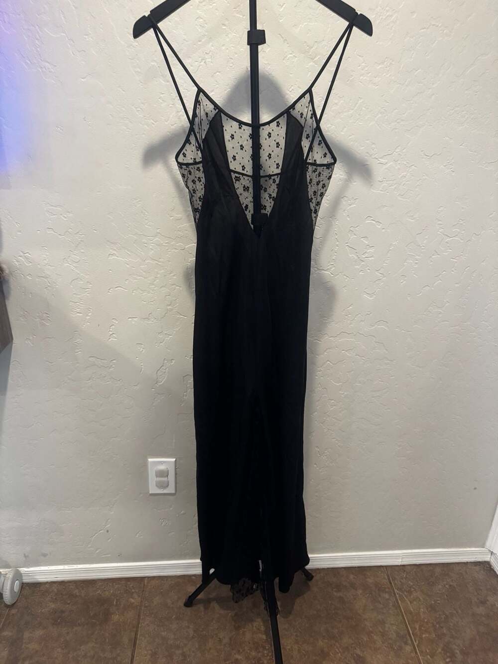 Vintage Black Whimsygoth Maxi Slip Dress with Sheer Floral Mesh High Neck